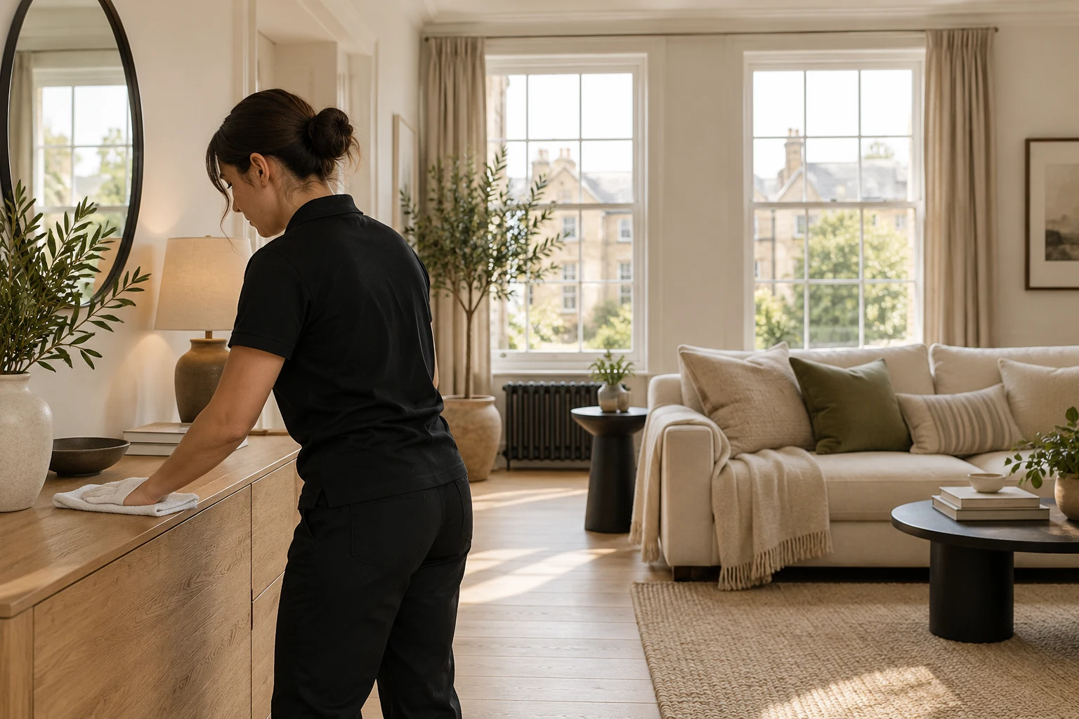 A professional cleaner wiping a console table in a bright living room