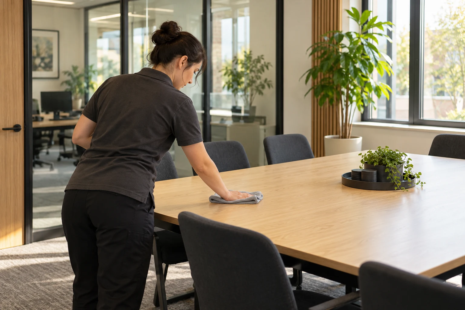 A professional cleaner wiping an office meeting table