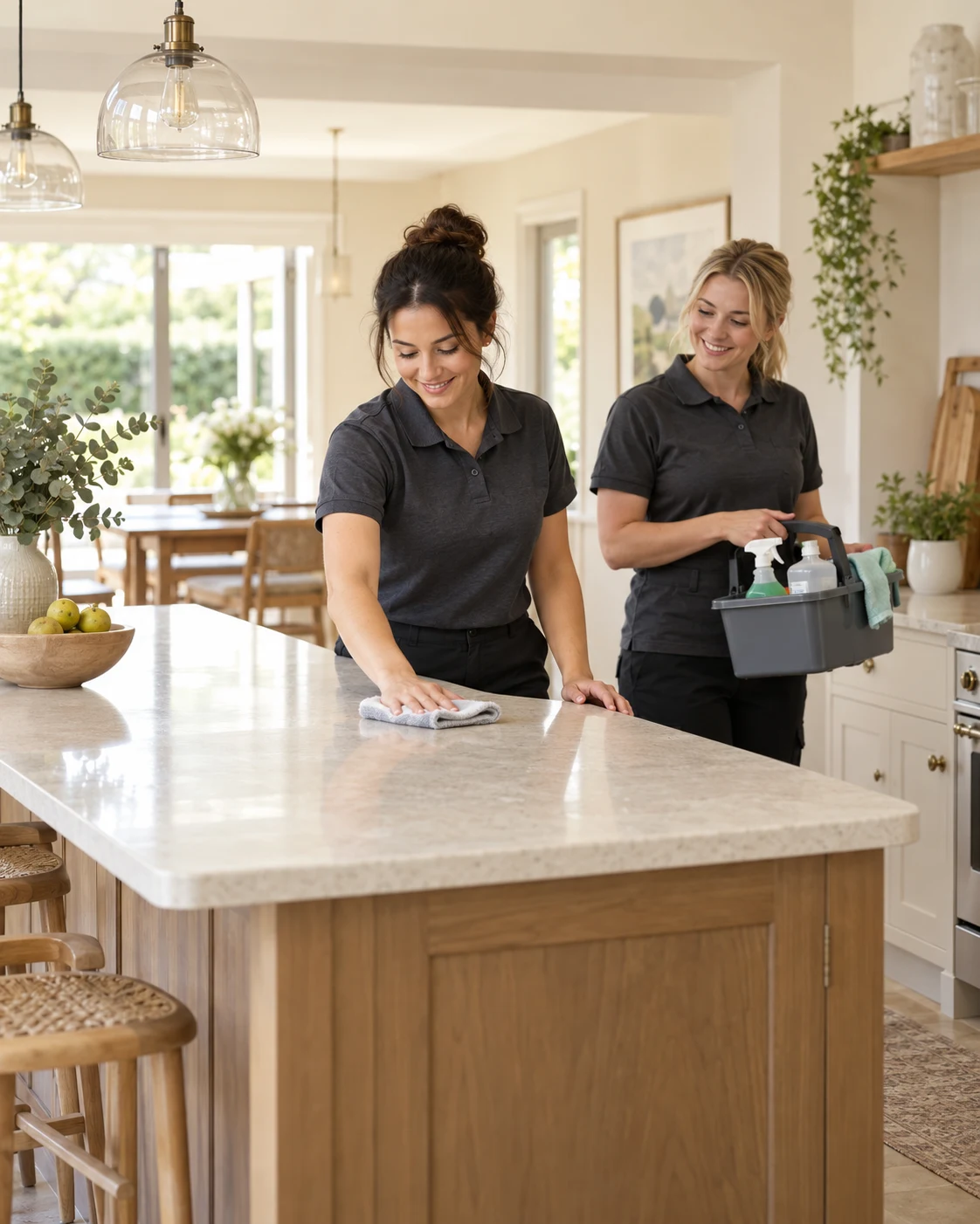 Two professional cleaners working together in a bright kitchen